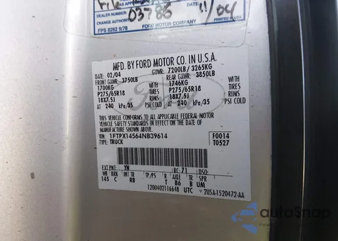 2004 Ford F-150 Fx4/Lariat/Xl/Xlt from USA, damaged, VIN 1FTPX14564NB39614